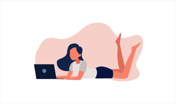 Flat Illustration of a Girl Lying with Laptop
