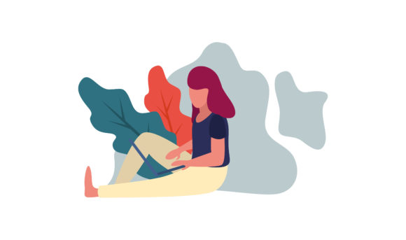 Flat Illustration: Woman Works on Laptop